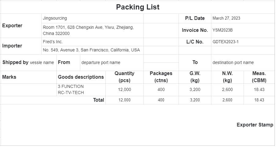 Packing List